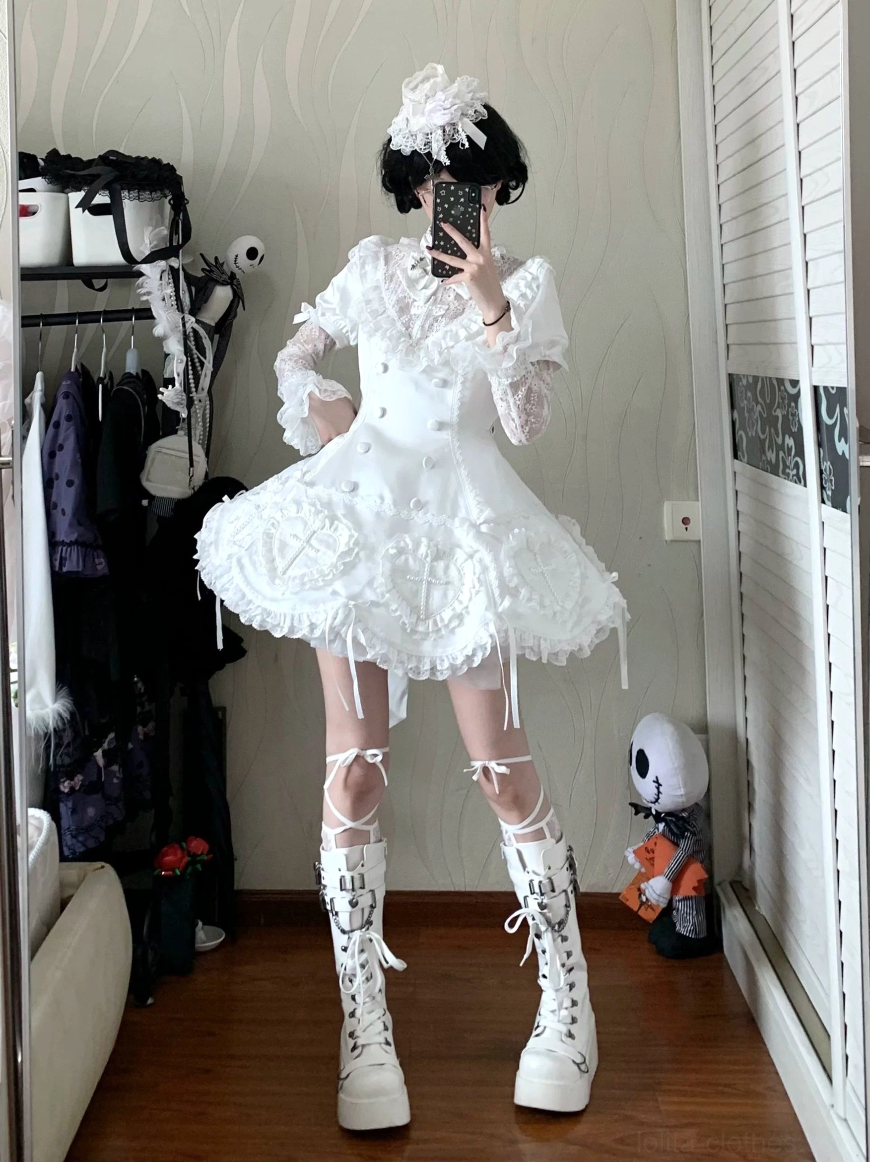 White Nocthymn Cross Gothic Lolita OP dress mirror selfie with platform combat boots sheer lace long sleeves short ruffled white skirt