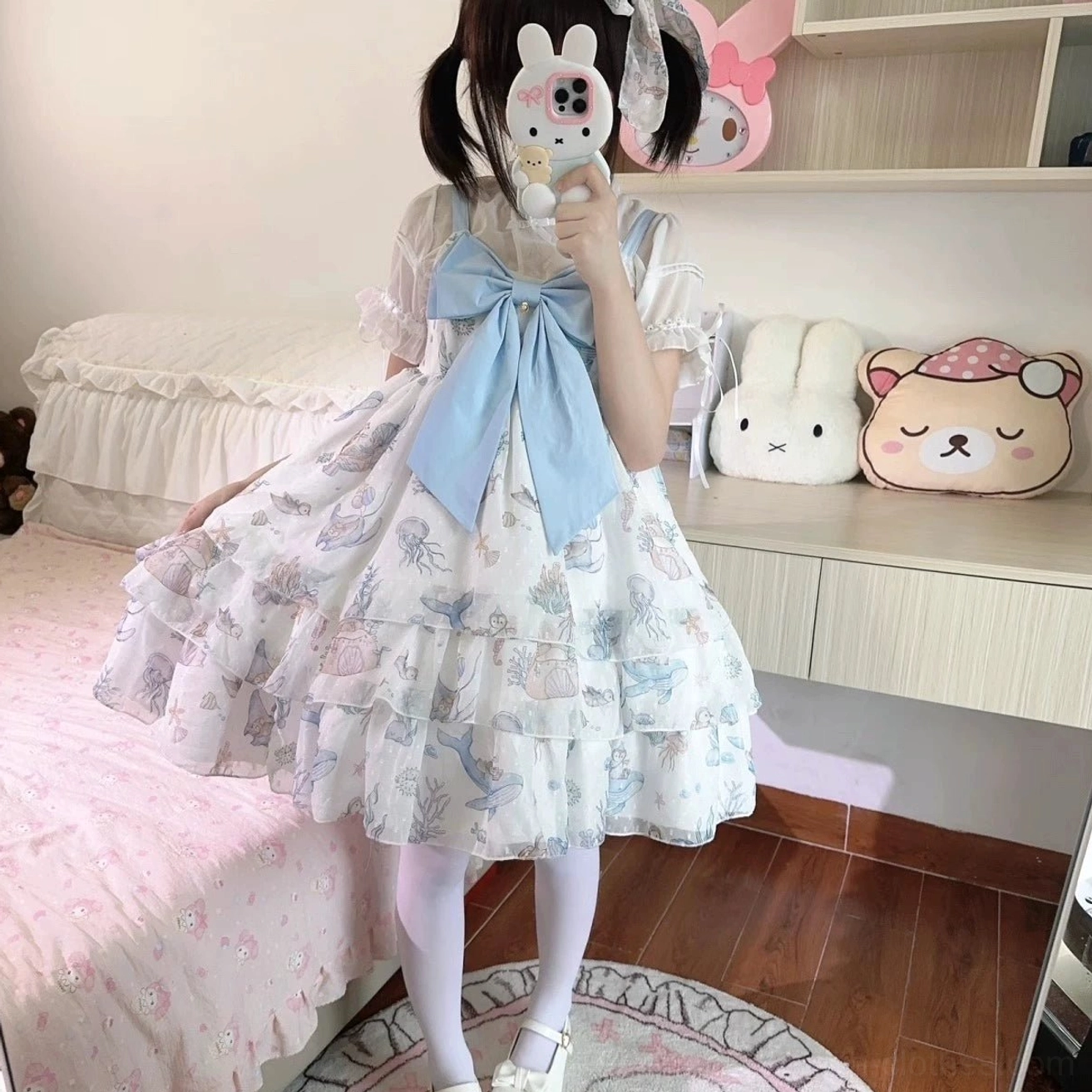 White ocean sweetheart sweet lolita jsk dress sky blue front bow ruffled skirt bedroom setting plush toys