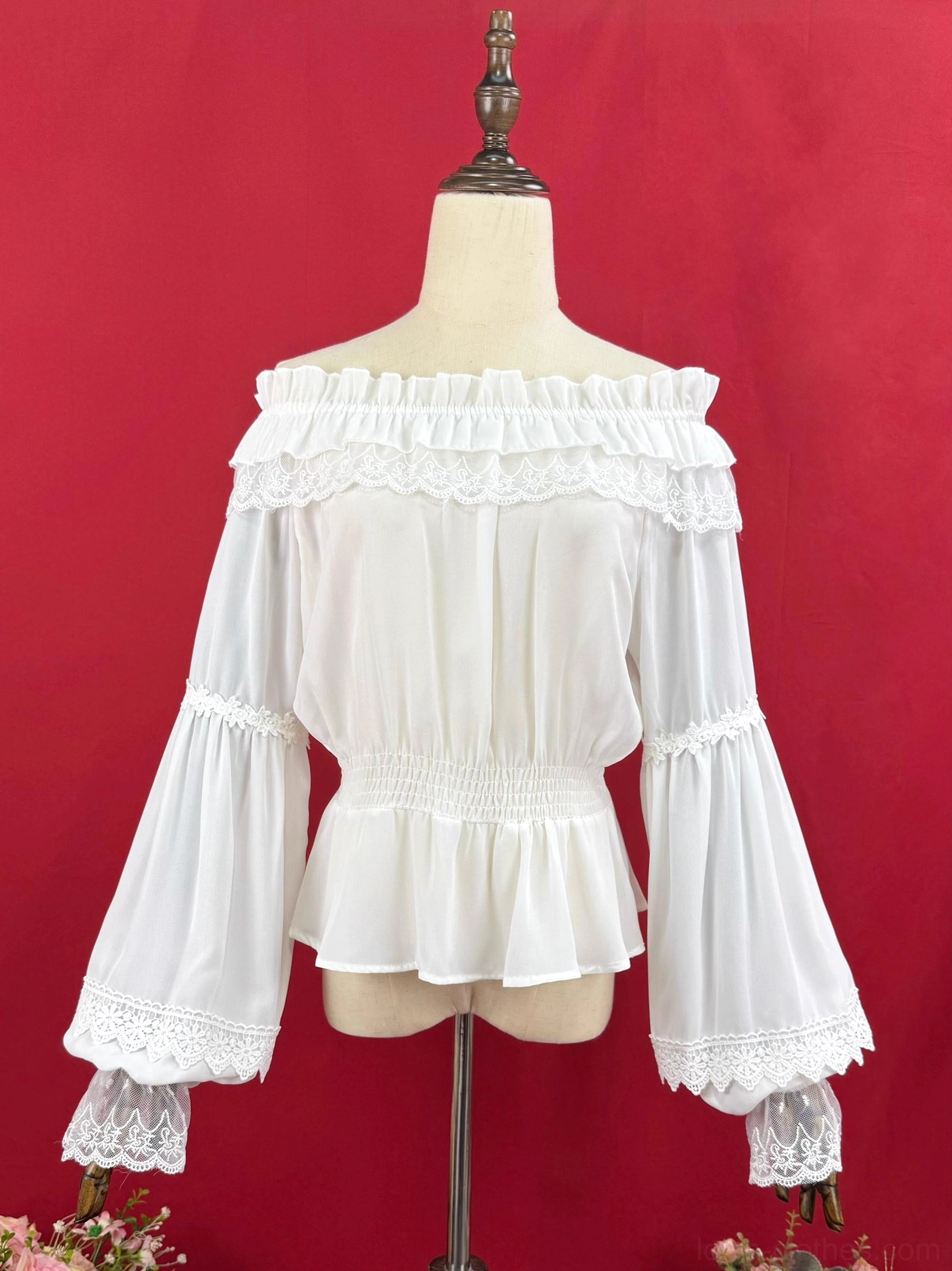 White off-shoulder classic Lolita blouse with single-layer ruffled collar and lace-trimmed bell sleeves elasticated waist on dress form