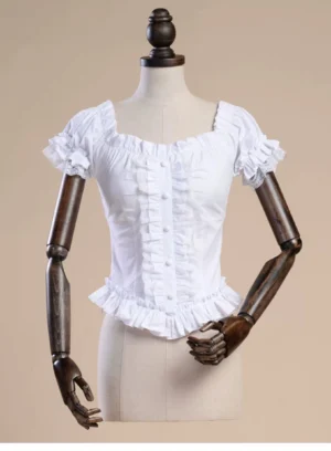 White off-shoulder lolita puff sleeve blouse with back shirring and lace panels front view on mannequin