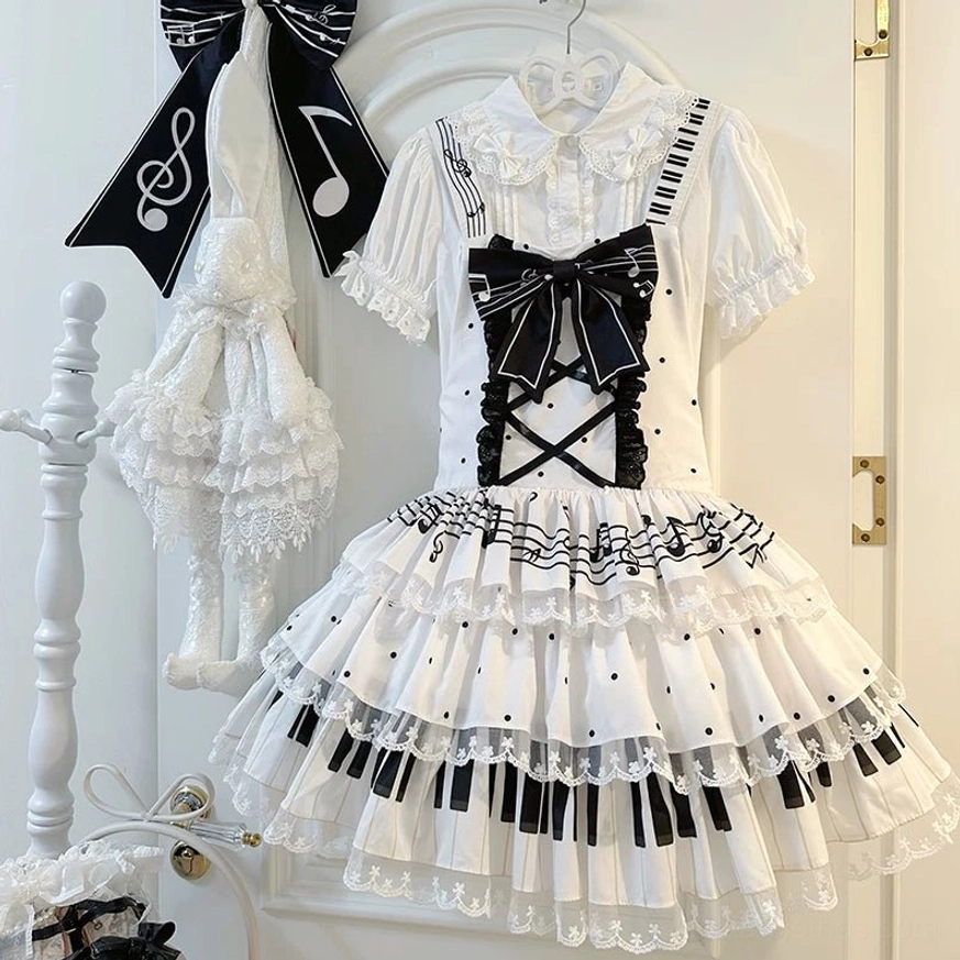 White Old School Lolita Salopette with Black Front Bow and Wavy Tiered Skirt Piano Key Prints - Full Front View with Coordinating Accessories