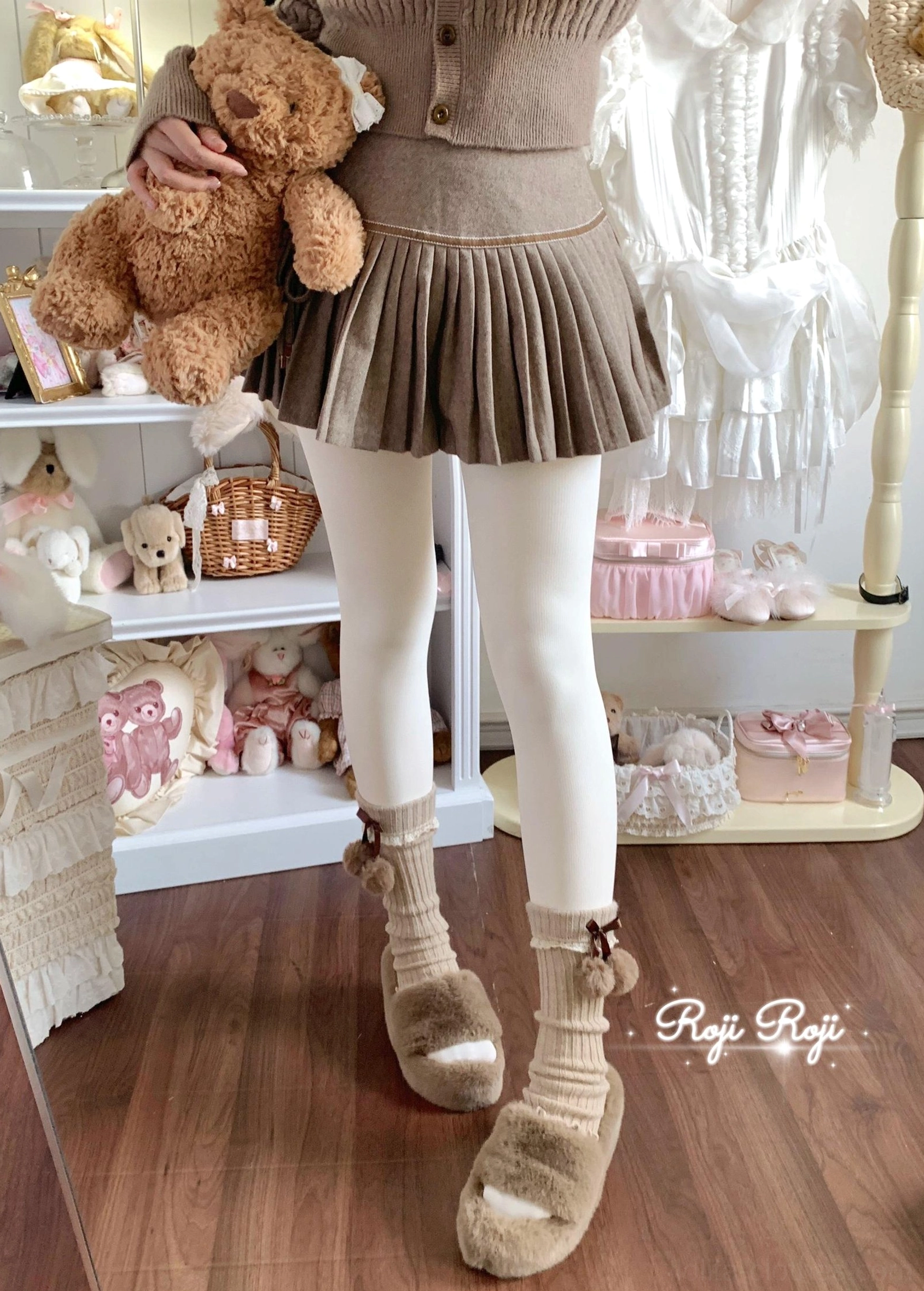 Bright white opaque thickened velvet lolita winter pantyhose sweet aesthetic worn with pleated brown mini skirt teddy bear fuzzy loafers