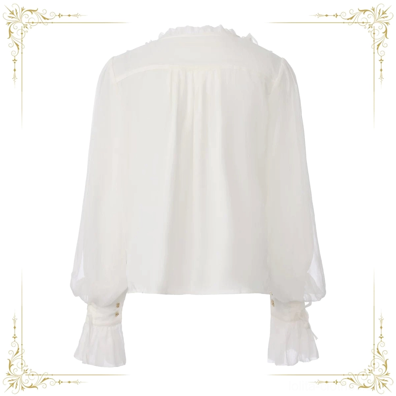 White pirate prince ouji lolita chiffon blouse back view with gathered yoke for relaxed fit, ruffled stand collar and lantern sleeves with flared ruffled cuffs, flat lay rear display
