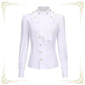 Pure white elegant Ouji Lolita blouse featuring detachable ruffled jabot, pleated stand collar, round gold buttons, voluminous puff sleeves, and adjustable back - front full display