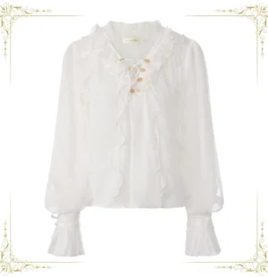 White pirate prince ouji lolita chiffon blouse with layered ruffles and adjustable lace-up front placket, flat lay front display showing detailed ruffled collar and vintage gold button accents
