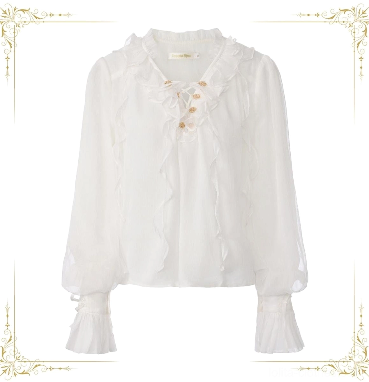 White pirate prince ouji lolita chiffon blouse with layered ruffles and adjustable lace-up front placket, flat lay front display showing detailed ruffled collar and vintage gold button accents