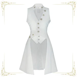 White Ouji Lolita high-low asymmetrical vest coat sleeveless design with carved decorative buttons and sheer lower panel flat lay detail shot
