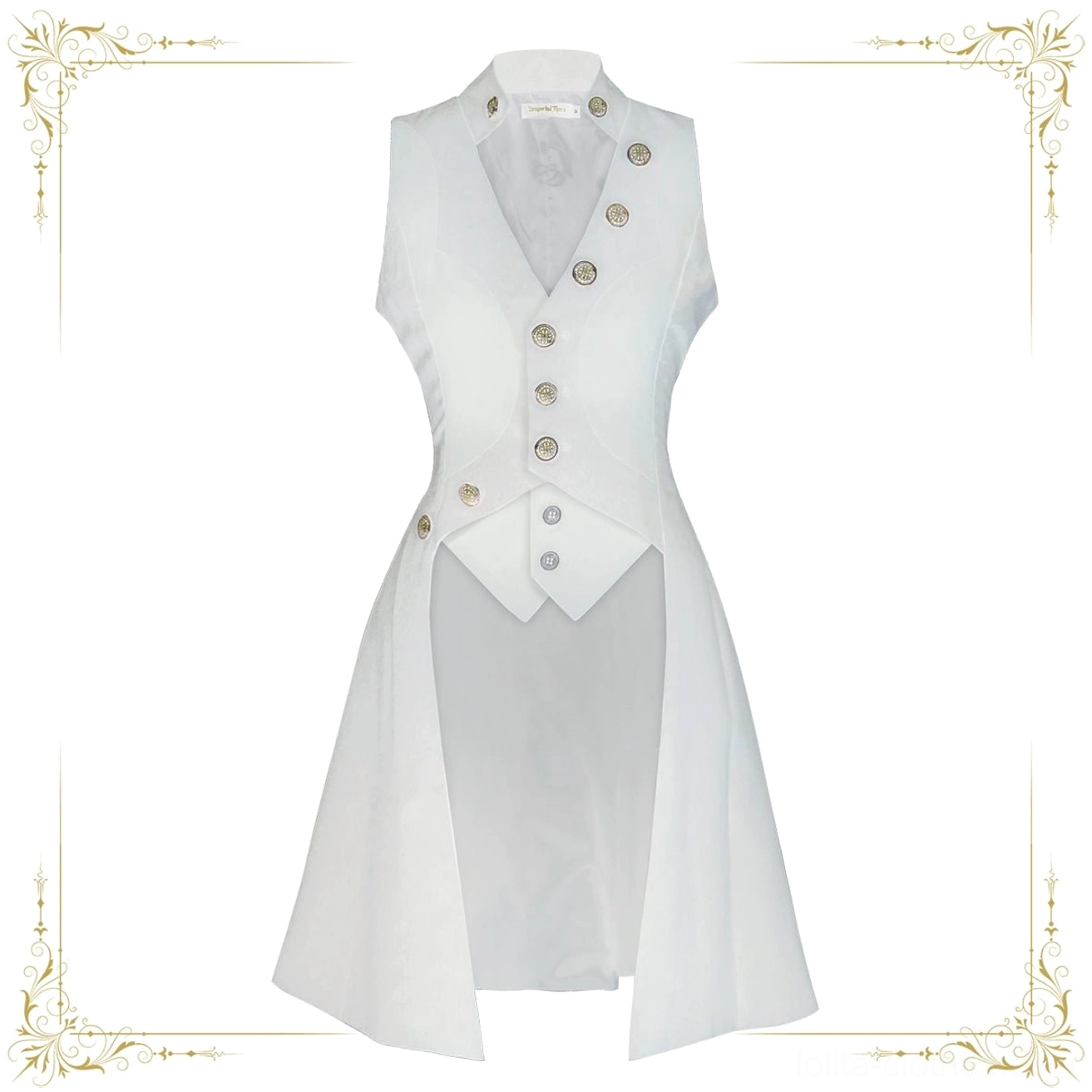 White Ouji Lolita high-low asymmetrical vest coat sleeveless design with carved decorative buttons and sheer lower panel flat lay detail shot