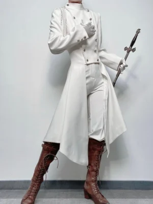 White Ouji Lolita military long coat matching set with brown lace-up knight boots and decorative rapier, featuring double-breasted buttons and high-low asymmetrical hem, full-body front view formal presentation