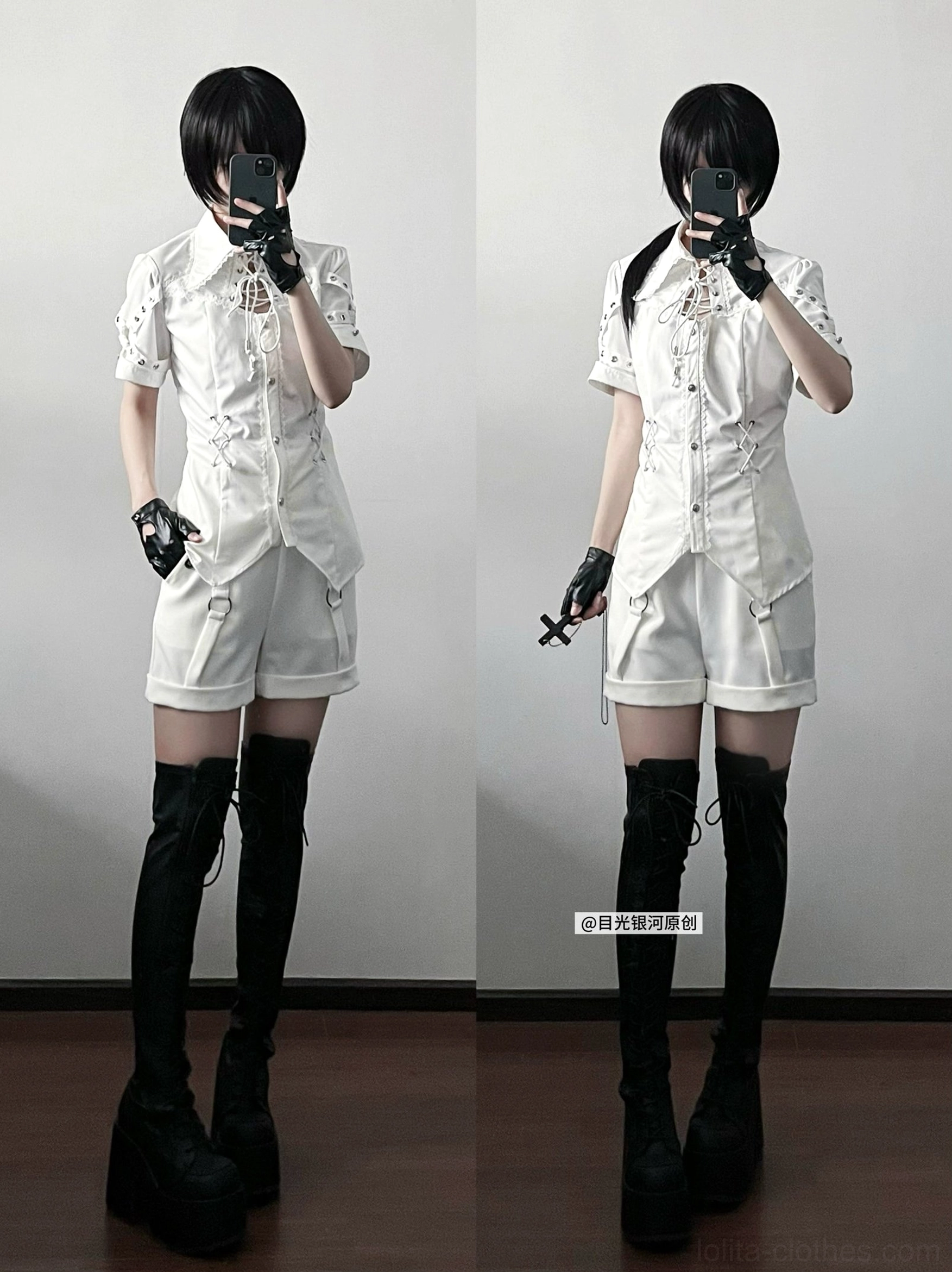 Dual model mirror selfie display of white Ouji Lolita outfit with two models wearing matching white short-sleeve blouse and high-waisted shorts, black thigh-high platform boots, and fingerless gloves, slim tailored silhouette on wooden floor