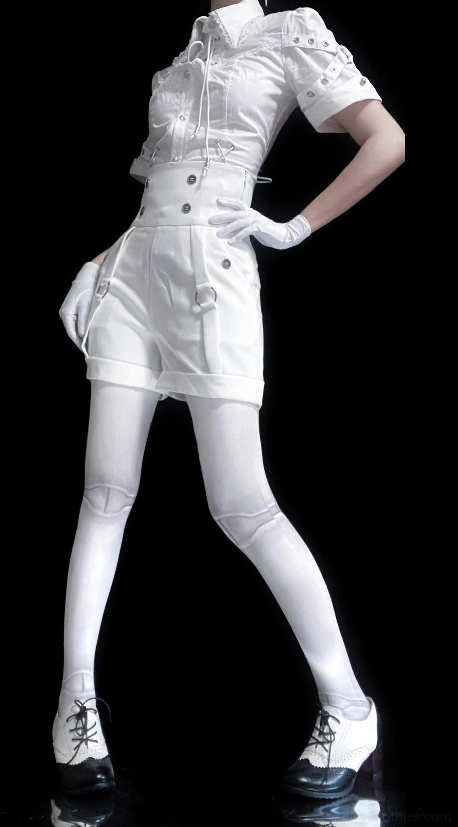 Full white Ouji Lolita outfit on mannequin model full-body front view against black background wearing white gloves and lace-up heels, showing neat pointed shirt hem, front button closure, back waist corset lace-up detail, and matching high-waisted shorts