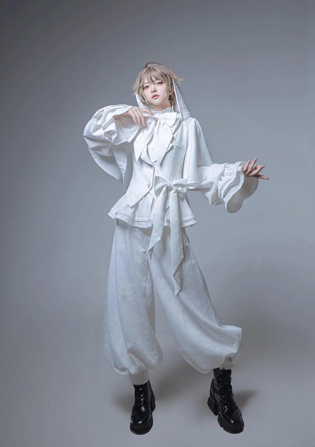 White Ouji Lolita hooded jacket and loose wide-leg cropped pants variant set full front view same jacket with bow tie waist sash and jacquard woven fabric