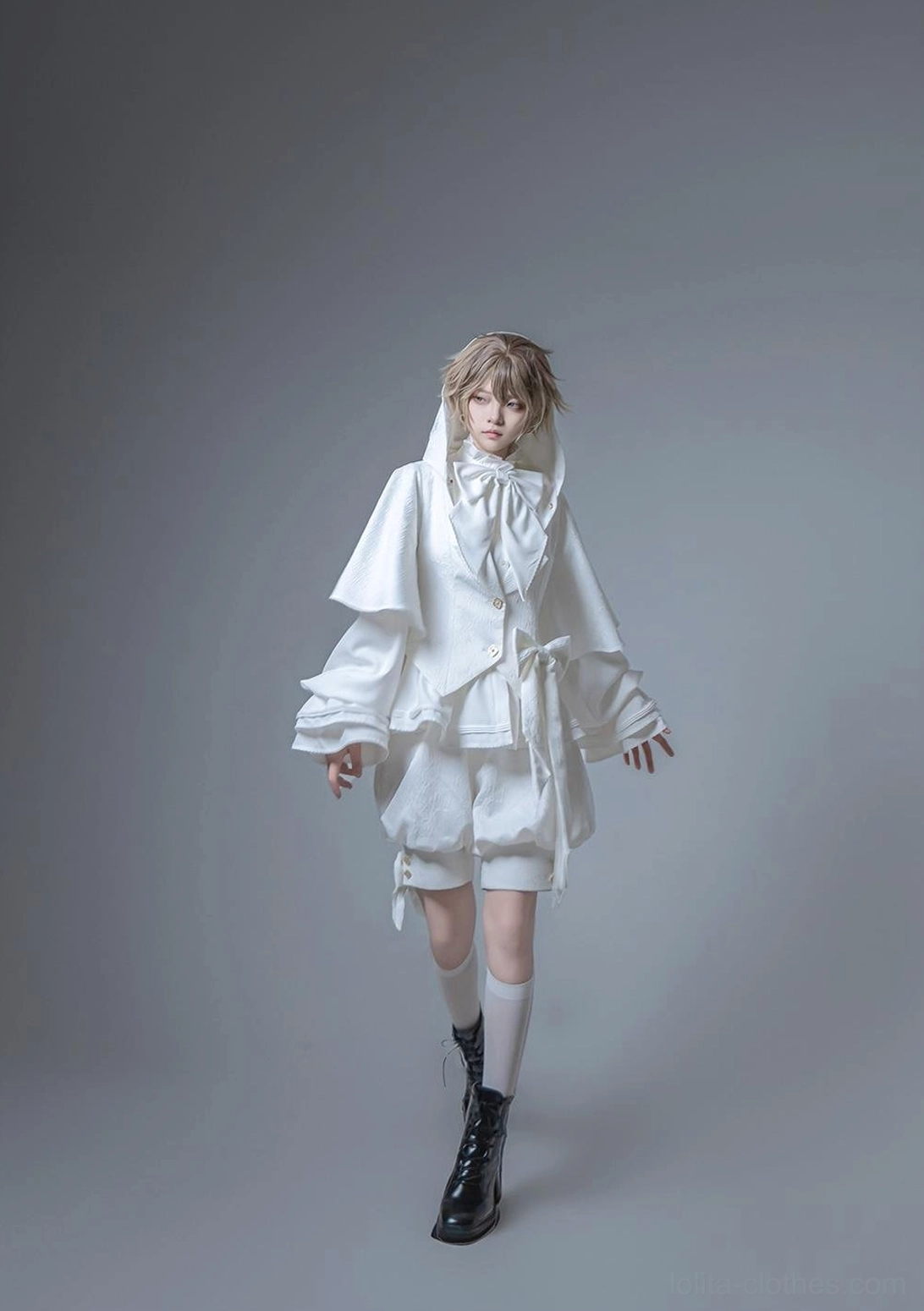 White Ouji Lolita hooded jacket and shorts set distant full front view classic bow necktie streamlined layered jacket neutral studio product showcase posing