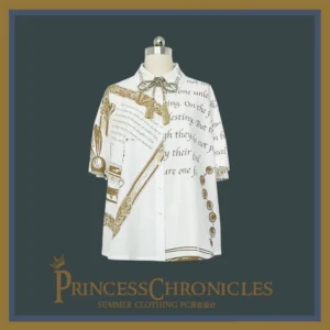 White ouji lolita short-sleeve shirt front view dress form dark gray studio golden tassel bow tie retro accessory prints aristocratic design