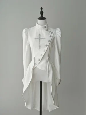 Pure white Ouji Lolita military-style tailcoat with silver cross decoration and puffed mutton sleeves, shown on dress form with white trailing hem attachment, full front view