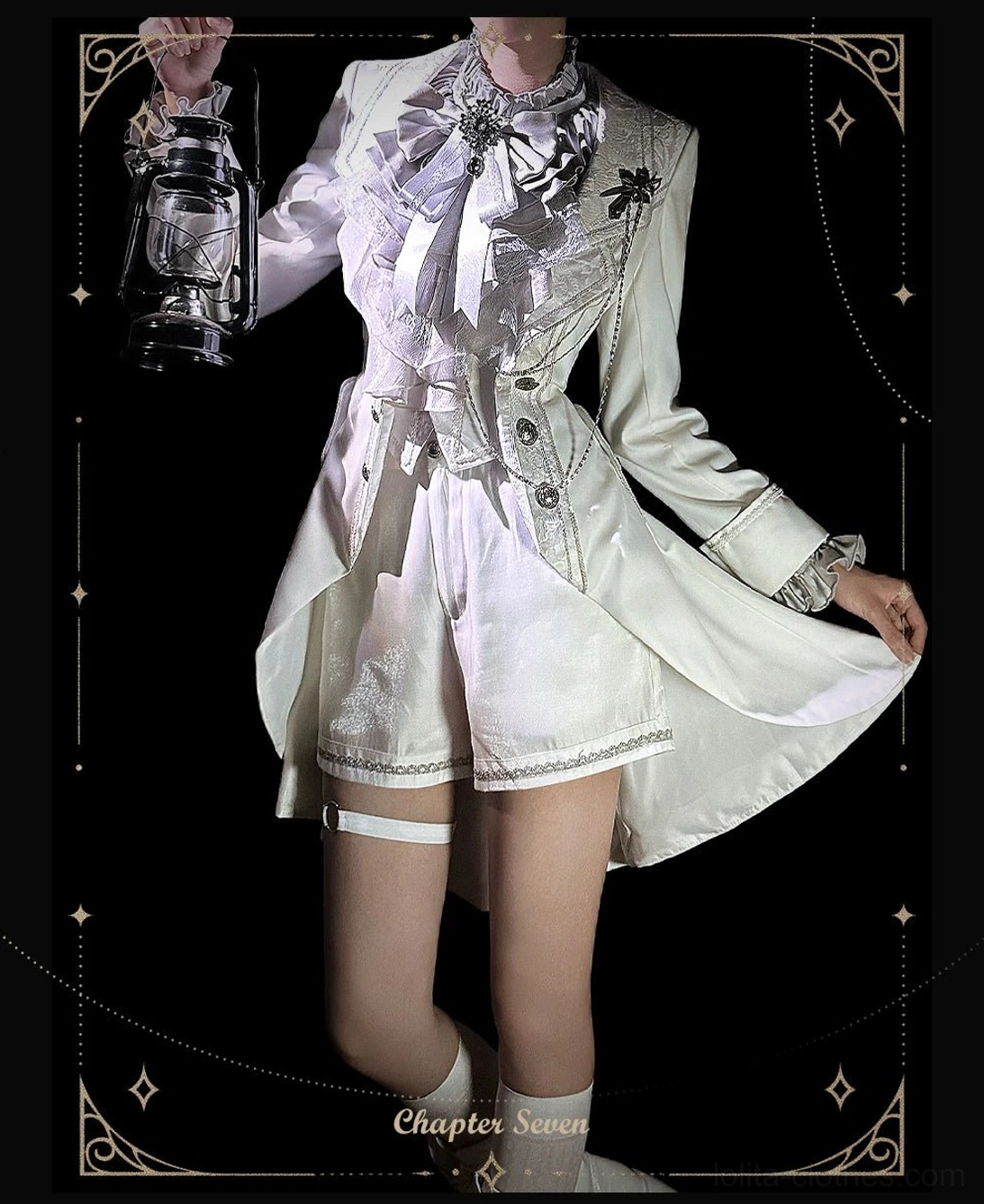 White Ouji Lolita tailcoat satin finish fabric quality detail metallic chain decoration formal luxury material