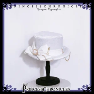 White Ouji Lolita top hat front flat display view featuring pure white Jacquard fabric, large decorative bow ornament, pearl chain trim, and gold metal crown accents for elegant prince lolita coordinate