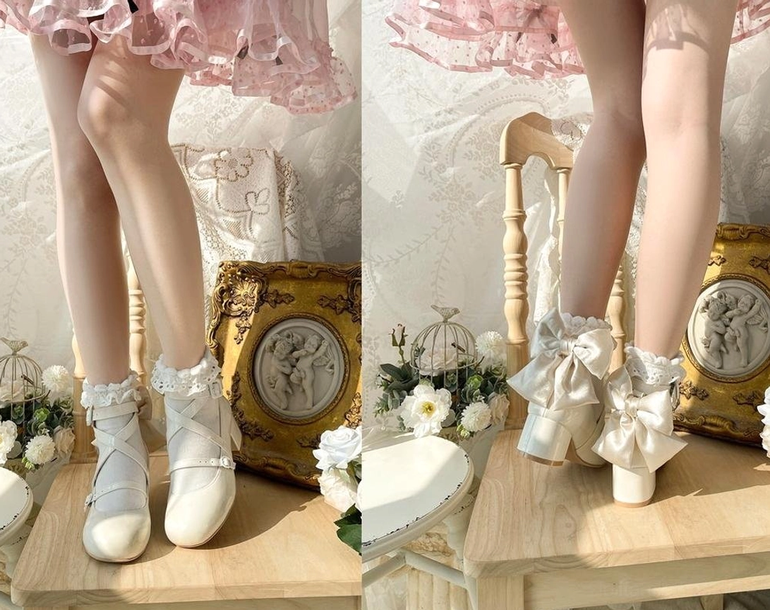 White patent leather lolita high heel shoes with large bow back view model legs ankle strap block heel ruffled bow socks vintage decor