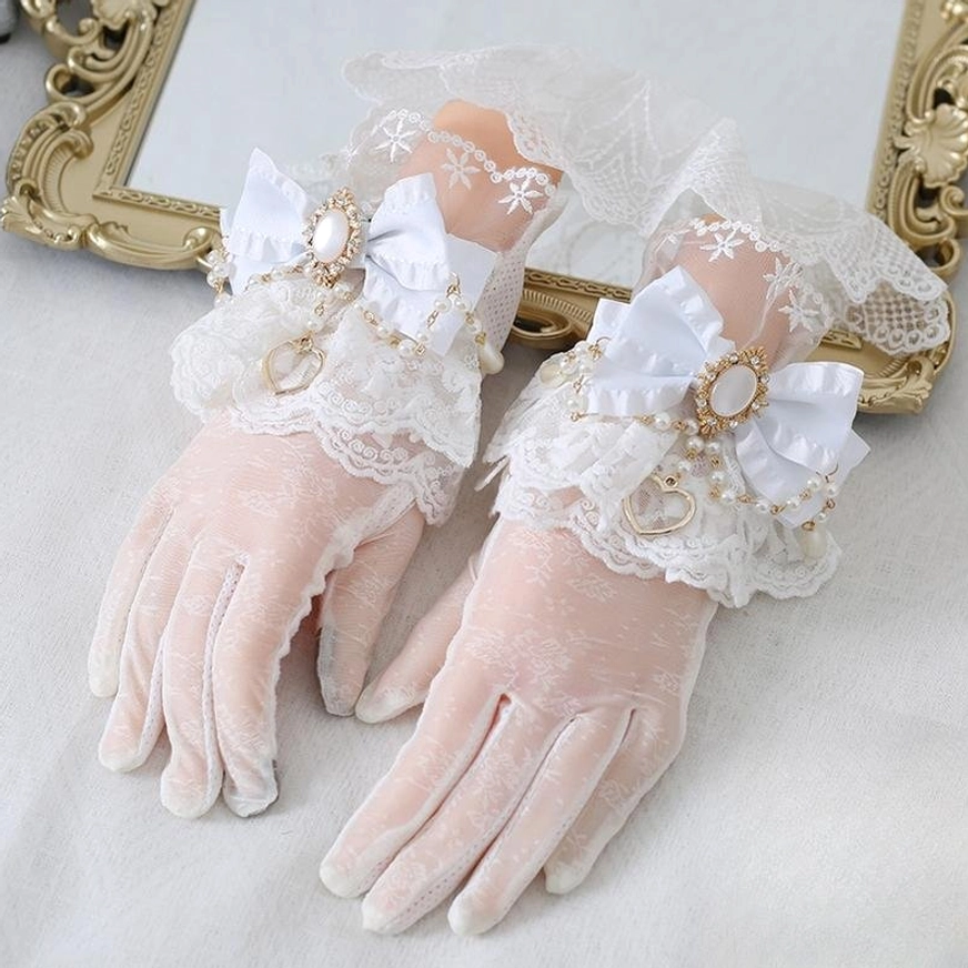 White satin bow with pearl brooch vintage lolita lace gloves white ruffled cuffs light pink velvet heart pendants charms