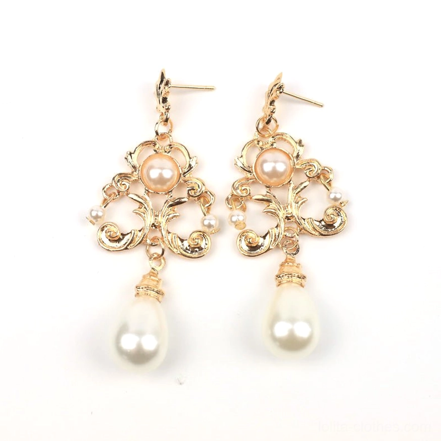 White pearl vintage Baroque Lolita ear studs with ornate gold scrollwork frame, small pearls and teardrop pearl drops