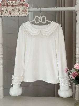 White sweet lolita long-sleeve top with double peter pan collar lace trim and fuzzy ruffle cuffs front display view with decorative roses