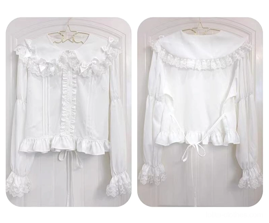 Flat lay product display of white Lolita blouse showing front and back views with Peter Pan collar lace ruffles, ruffled cuffs, back drawstring, hung on star-shaped hanger
