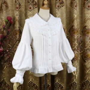 White classic Lolita Peter Pan collar blouse featuring pearl-style decorative buttons, ruffled collar, and lantern sleeves, three-quarter front angle view