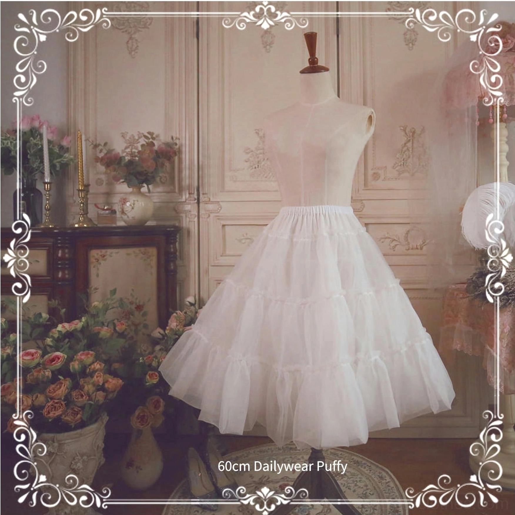 White fluffy layered tulle petticoat with ruffled tiered hem structure daily wear lolita underskirt 60cm length