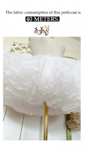 Back view white fluffy lolita petticoat on supported dress form showing voluminous 40-meter fabric construction and layered ruffles