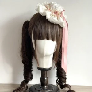 Ivory white-pink floral lace lolita KC kanzashi head accessory with long pink satin ribbon tail on twin-tailed mannequin