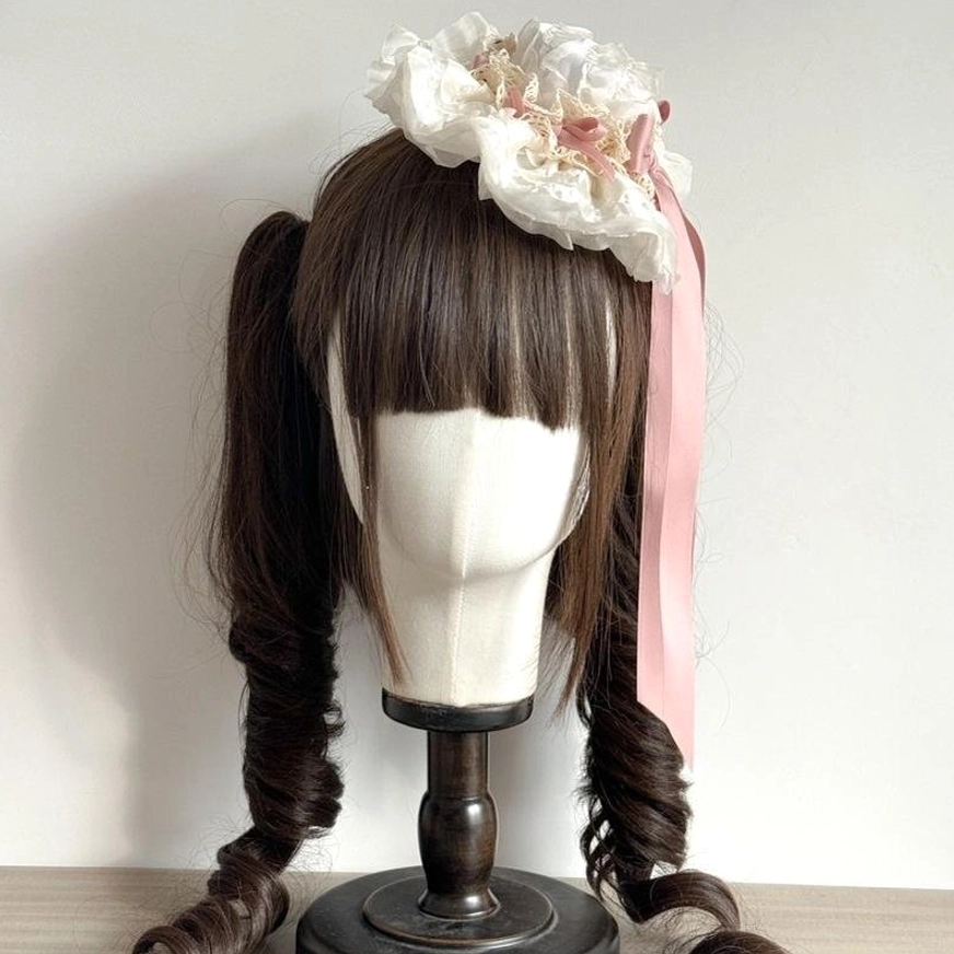 Ivory white-pink floral lace lolita KC kanzashi head accessory with long pink satin ribbon tail on twin-tailed mannequin