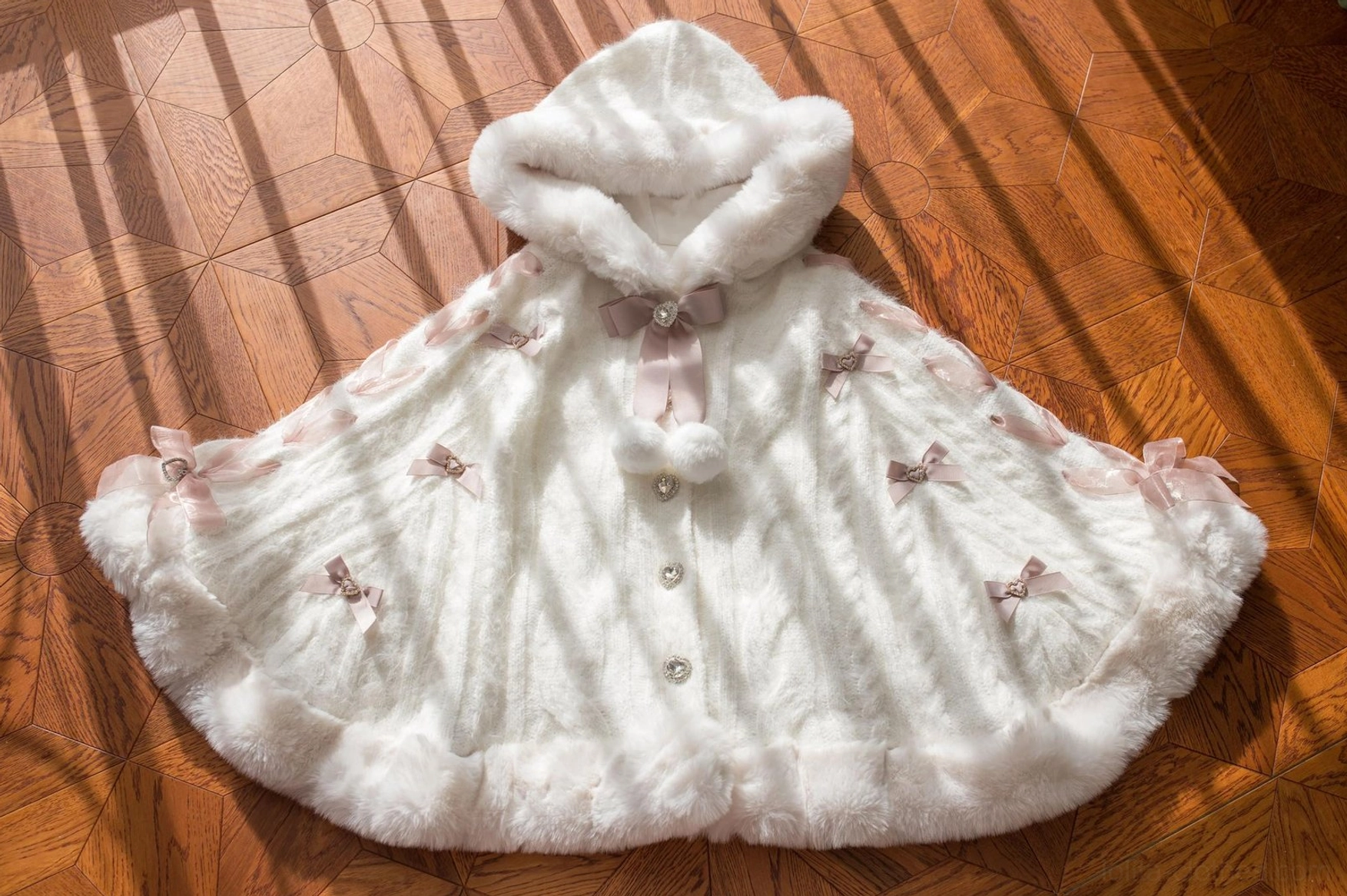 White-pink lolita winter cape coat blend variant showing two-tone design versatility, styled with mixed-print lolita coordinate and classic accessories