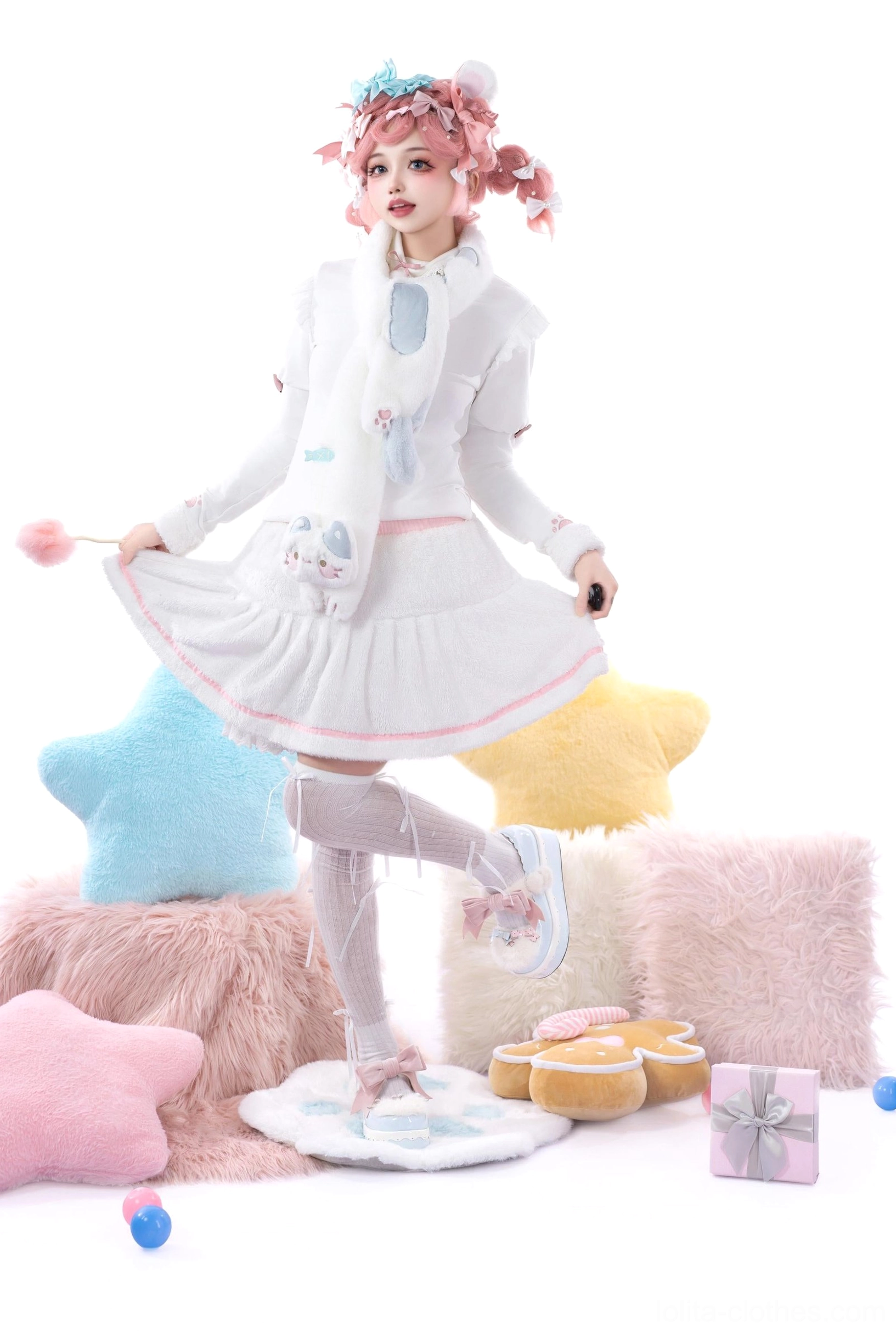 White with pink trim cat-themed kawaii lolita winter coat set featuring cute cat embroidery details and matching dress ensemble