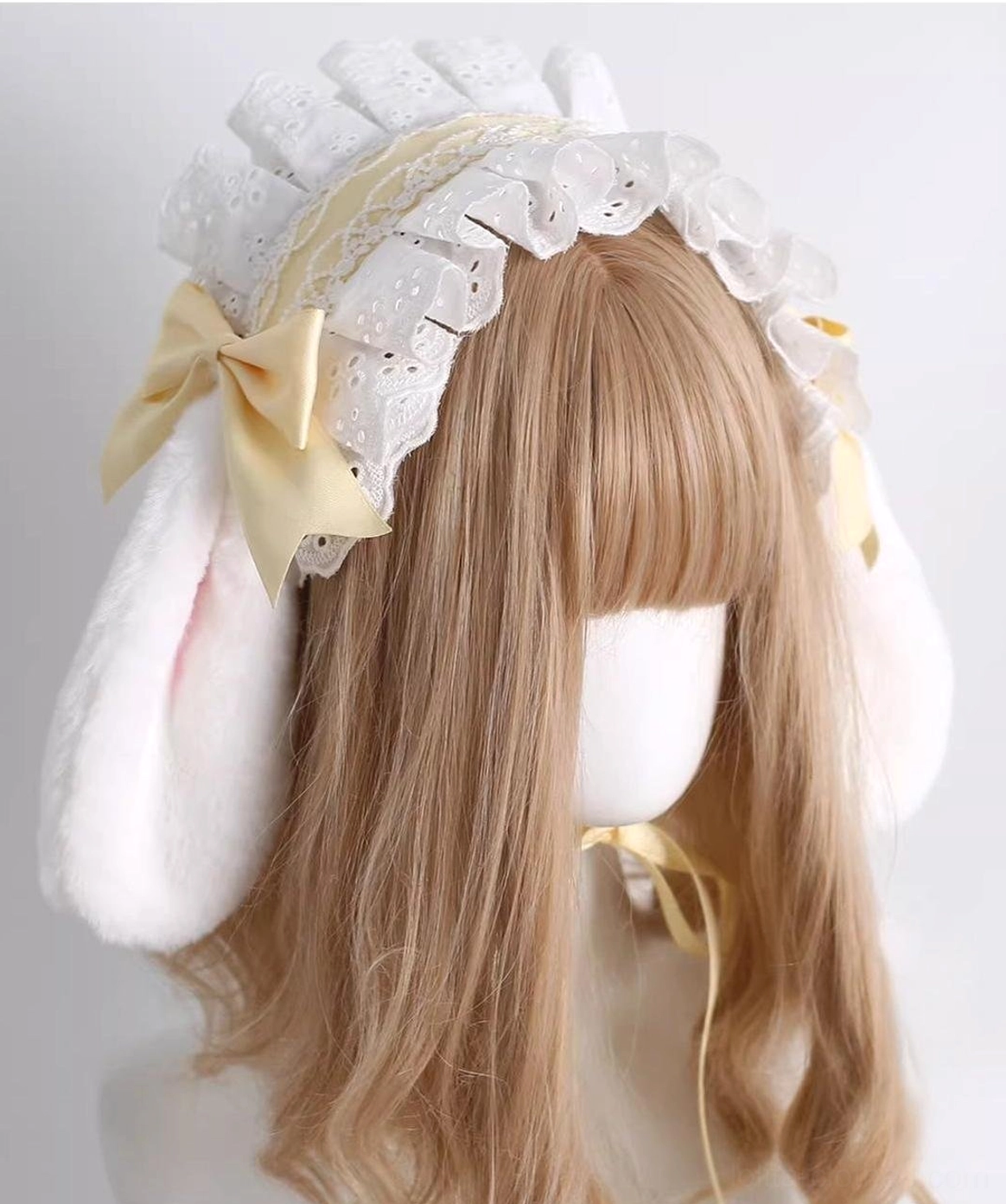 white-plush-bunny-ear-lace-lolita-headdress-eyelet-ruffled-trim-beige-bow-right-side-view