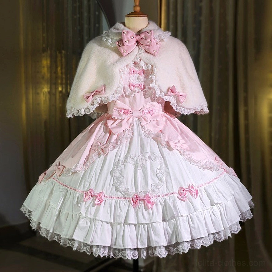 White plush cape with small pink bows over ruffle white-pink Lolita dress full length front display