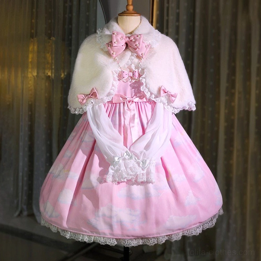 White plush Lolita cape worn on dress form with pink cloud print sweet Lolita dress full front view