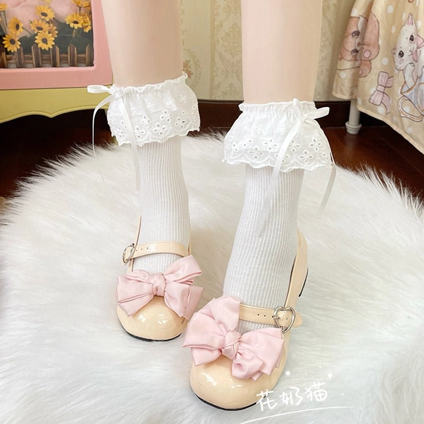 White mid-calf lolita socks with premium cotton construction and delicate lace trim, versatile neutral color for all lolita substyles