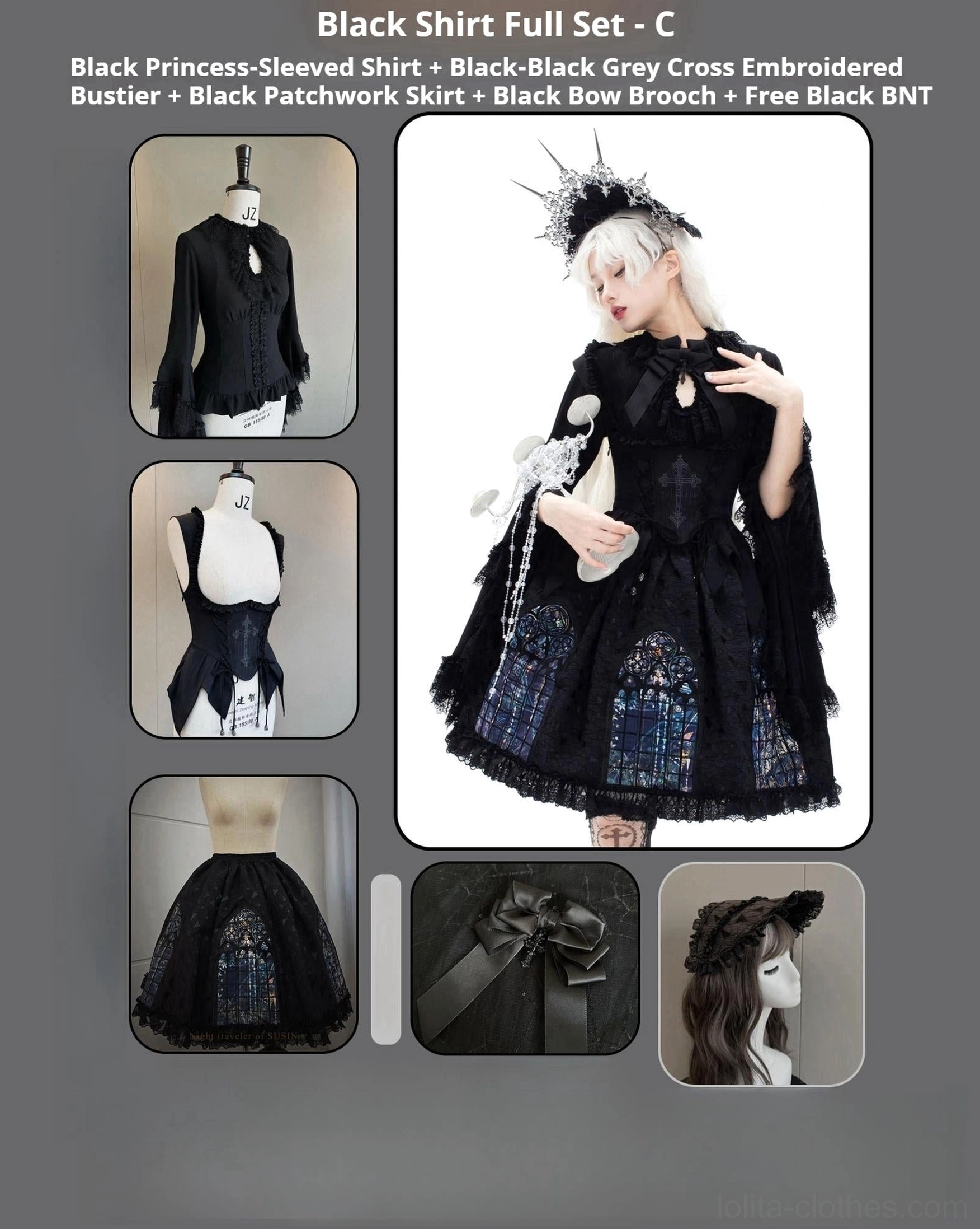 White princess-sleeved shirt gothic lolita full set blue cathedral print skirt corset ensemble