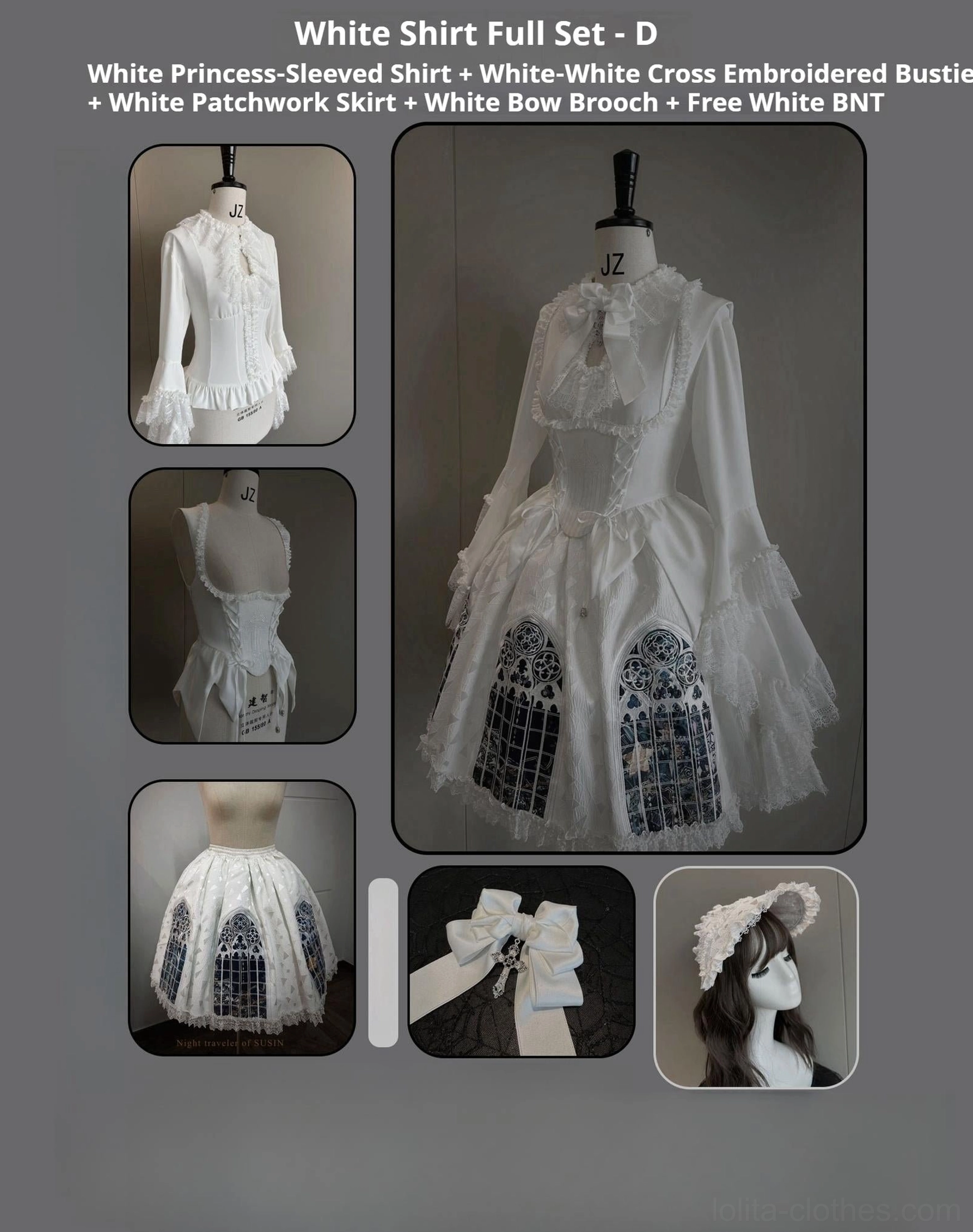 White princess-sleeved shirt gothic lolita full set cathedral blue print skirt ruffled sleeves corset white variant