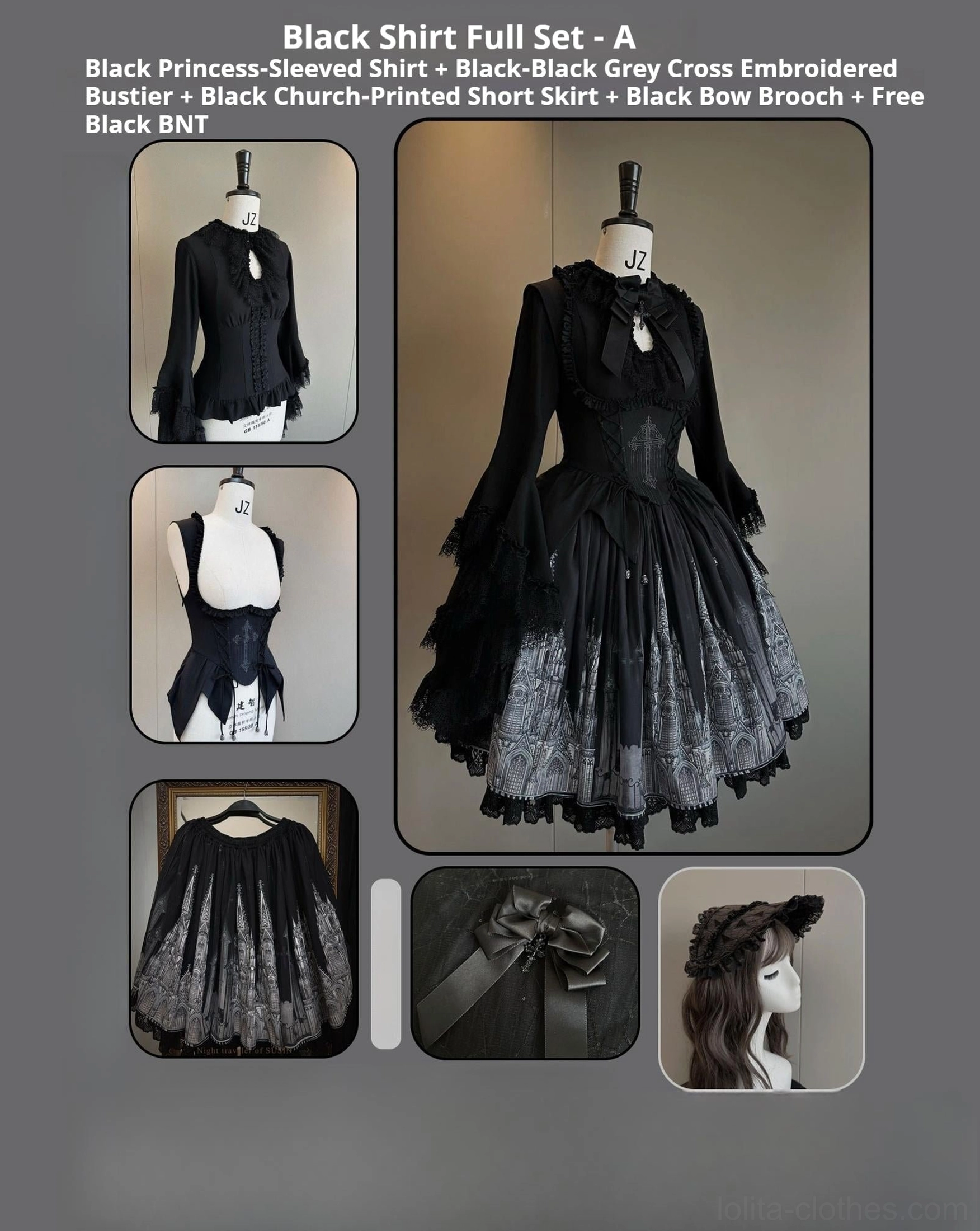 White princess-sleeved shirt gothic lolita full set variant cathedral blue print complete ensemble
