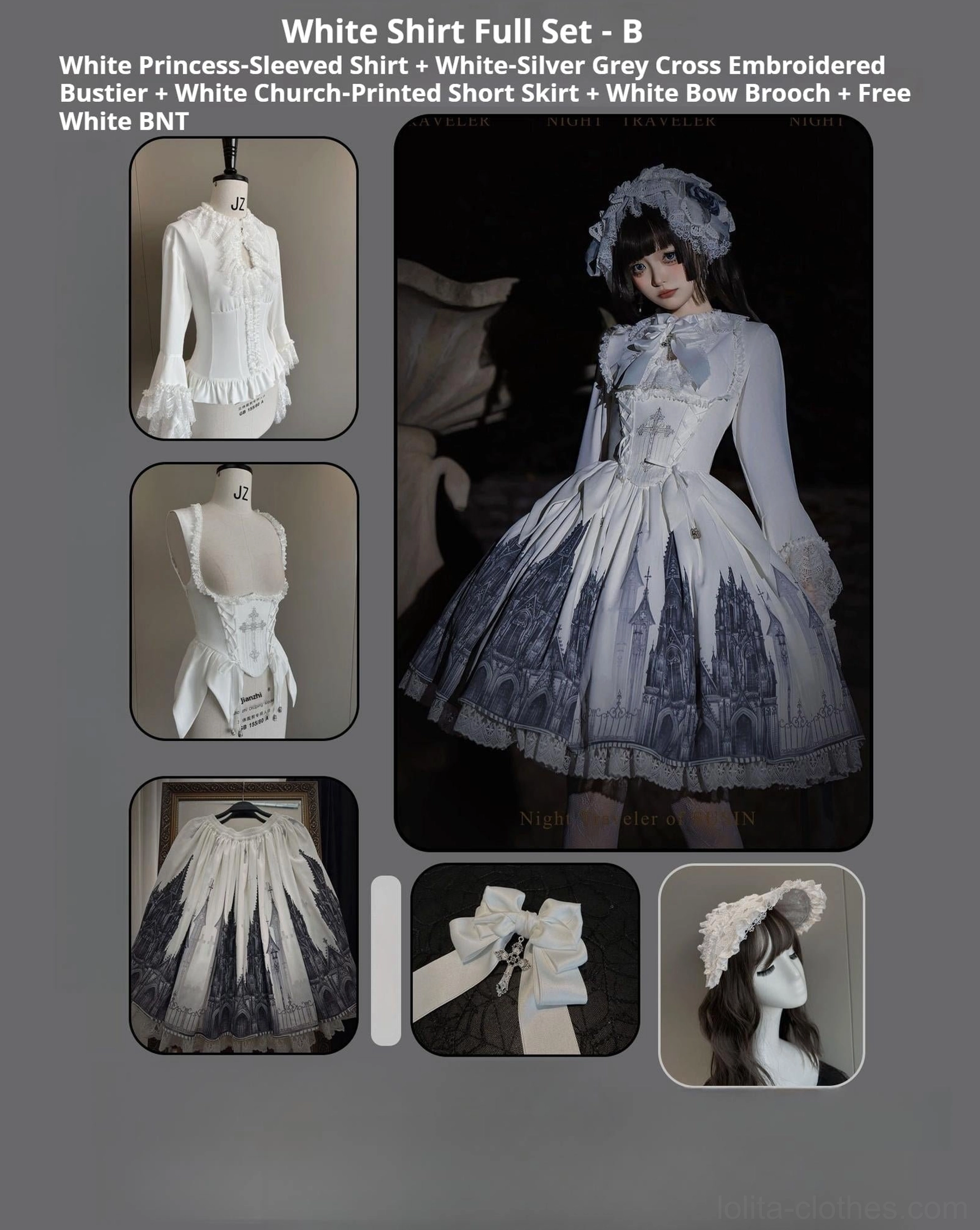 White princess-sleeved shirt gothic lolita full set variant cathedral print skirt ruffled sleeves
