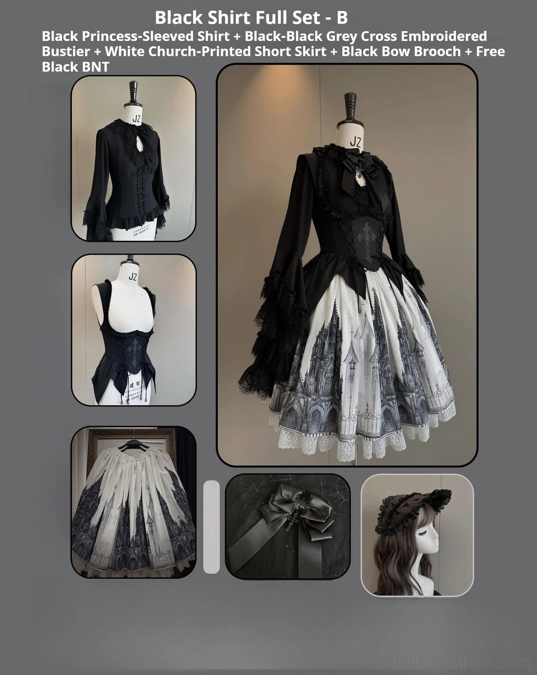 White princess-sleeved shirt gothic lolita full set cathedral print skirt ruffled sleeves variant