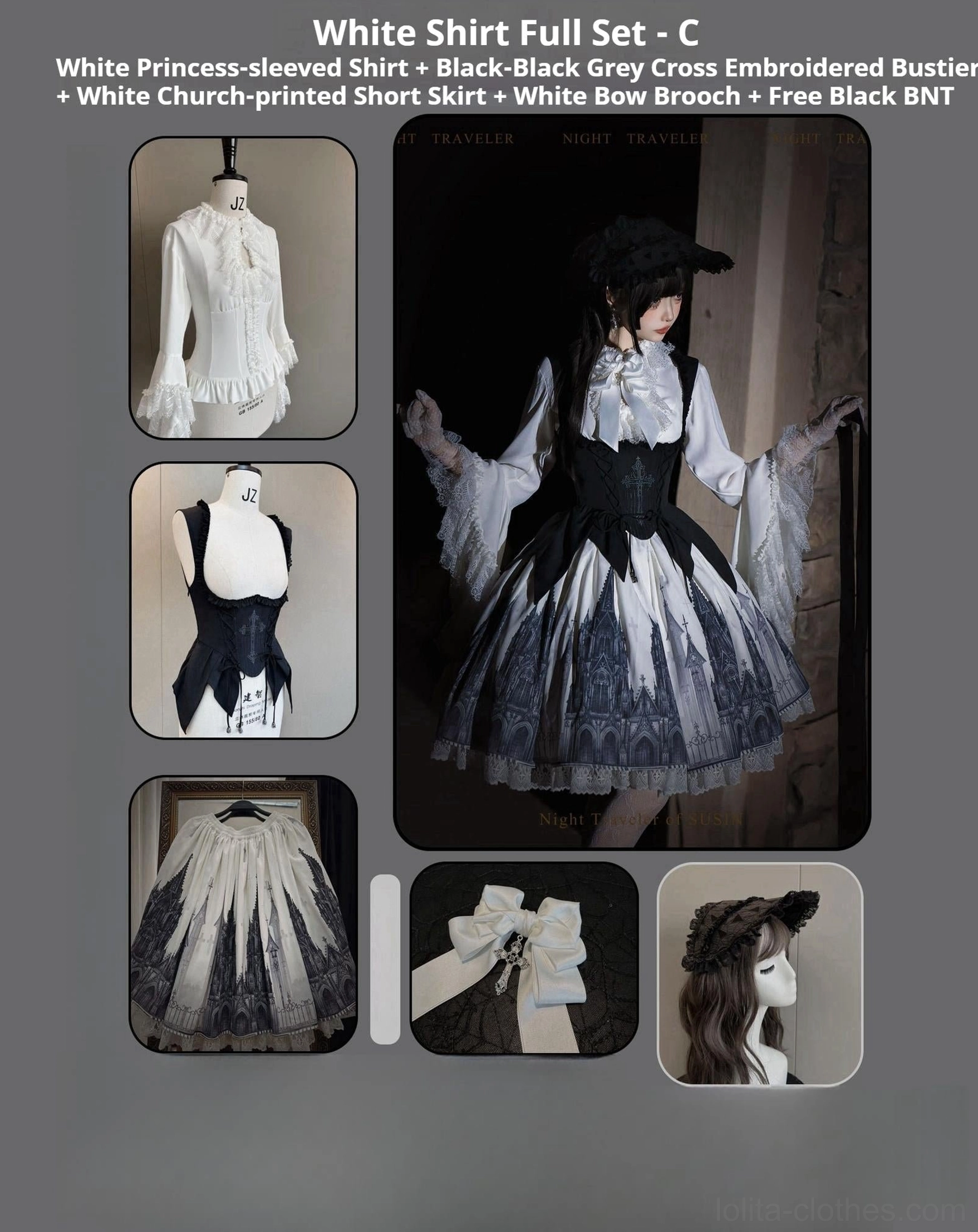 White princess-sleeved shirt gothic lolita full set variant cathedral print complete outfit