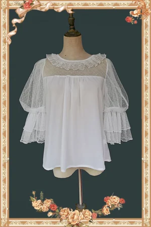 White vintage round-neck puff sleeve lolita blouse front view with tiered mesh ruffled sleeves and lace collar detail on dress form