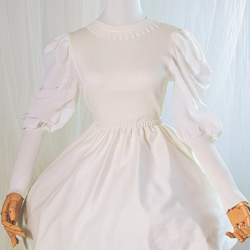 White puff sleeve long sleeve cardigan lolita inner blouse elastic knitted soft coordinate layer