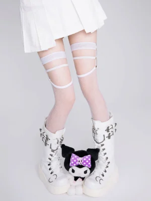 White punk lolita thigh-high fishnet stockings with double elastic strap garters, worn with white pleated mini skirt and platform boots, sweet punk aesthetic