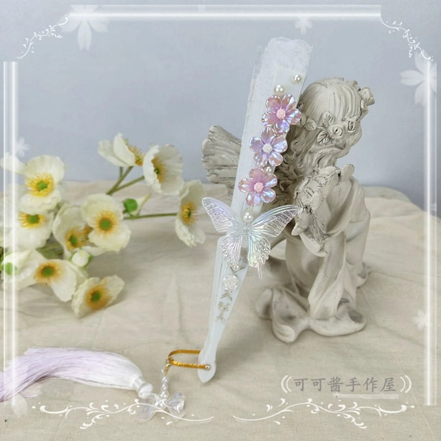 White purple lolita folding fan variant featuring elegant white frame purple gradient flowers white butterfly and refined tassel bead decoration
