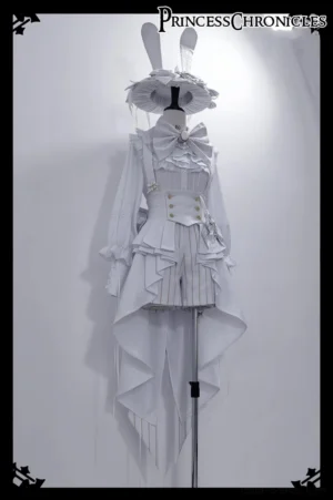 White Rabbit Theater Ouji Lolita shorts set with matching rabbit ear hat and trailing coat displayed on standing mannequin front view flat lay