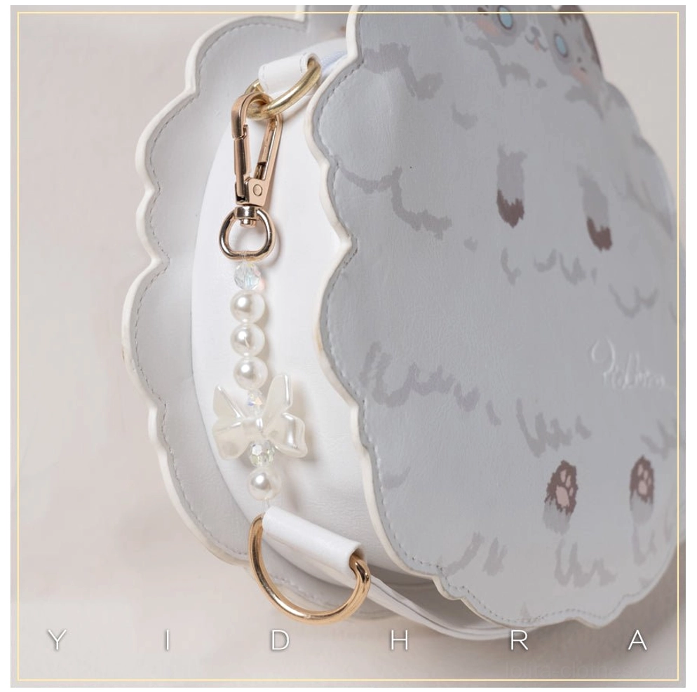 White ragdoll cat shoulder bag featuring cute cat face embroidery and adjustable strap for comfortable wear with sweet lolita dresses