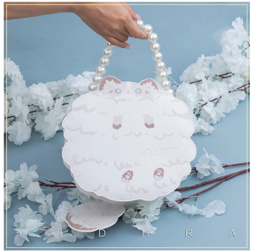 White ragdoll cat shoulder bag with pearl portable chain upgrade featuring elegant feline design for sweet lolita fashion
